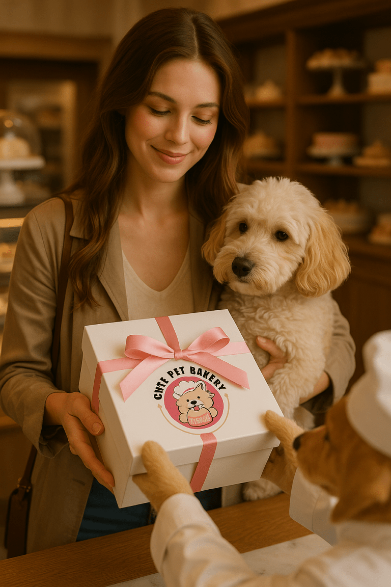 Woman with dog receiving gift box from Cute Pet Bakery