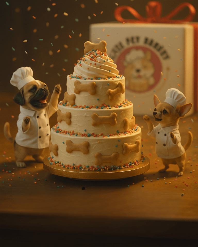 Cute dogs in chef outfits celebrating with cake