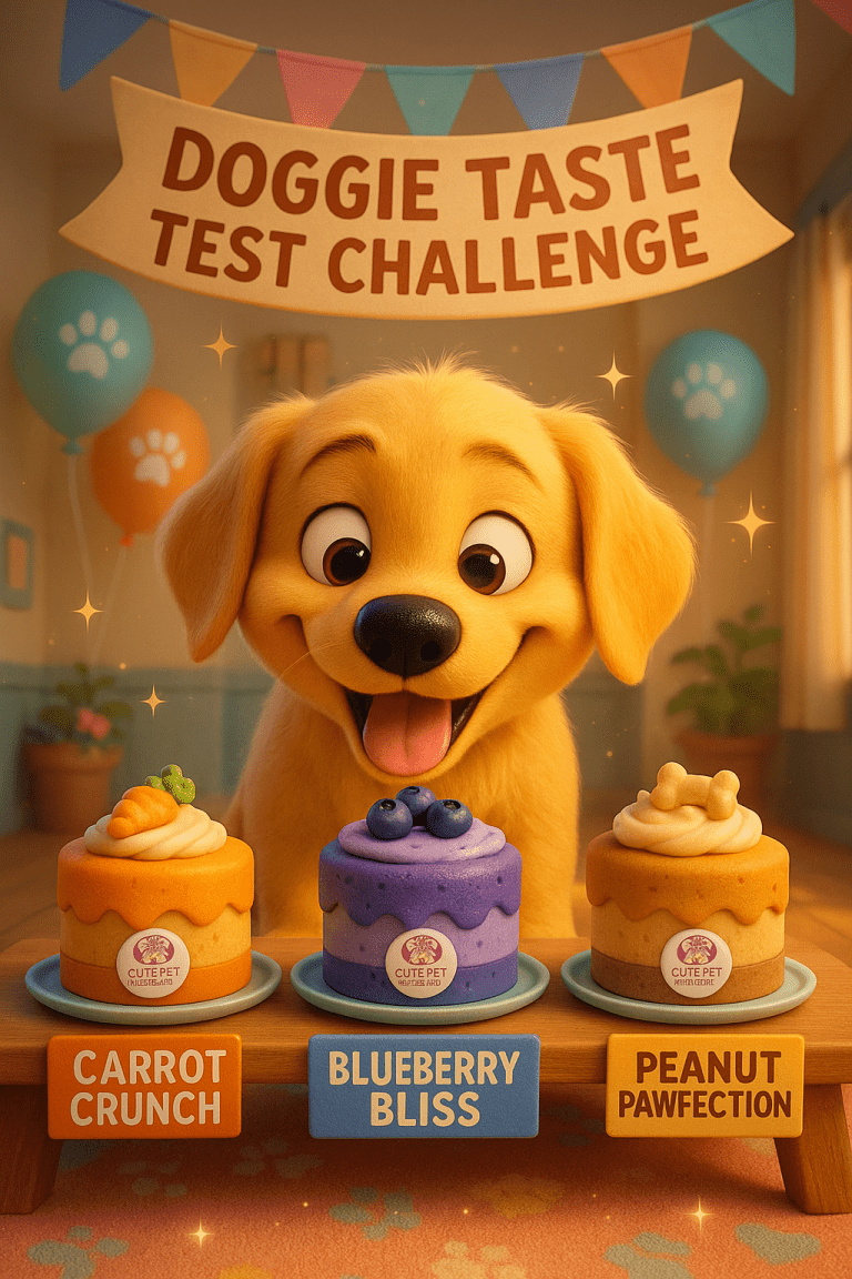 Cute puppy choosing between colorful dog cakes
