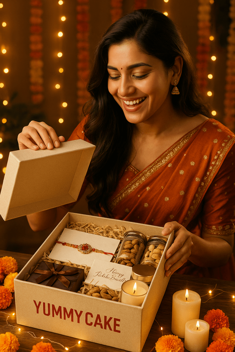 Woman opening festive Rakhi gift box with sweets and dry fruits